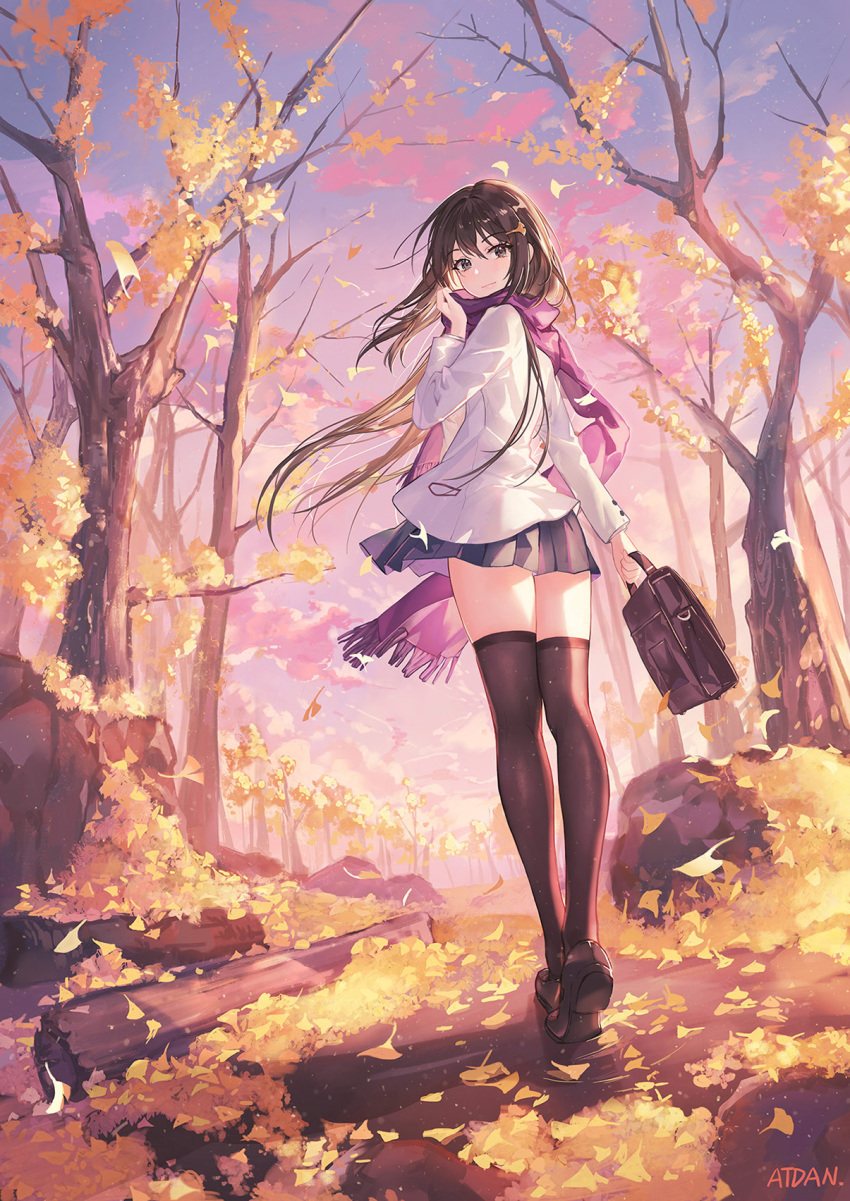 artist_name atdan autumn autumn_leaves bag bangs bare_tree black_legwear black_skirt blazer blue_sky blush brown_eyes brown_hair closed_mouth cloud evening eyebrows_visible_through_hair fringe_trim from_behind full_body ginkgo ginkgo_leaf hair_between_eyes hair_ornament hand_up highres holding holding_bag jacket loafers long_hair long_sleeves looking_at_viewer looking_back miniskirt original outdoors pink_scarf pleated_skirt purple_scarf scarf school_bag school_briefcase school_uniform shoe_soles shoes signature skirt sky smile solo standing thighhighs tree very_long_hair walking white_jacket wind