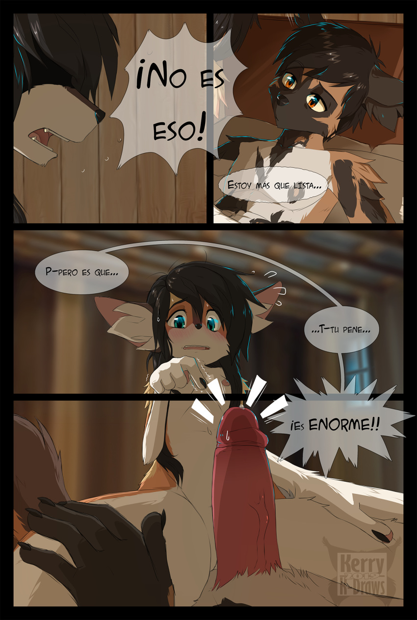 african_wild_dog breasts canine comic duo female fennec fox invalid_tag k-draws kerry kerryurei lycaon_pictus male male/female mammal nipples penis shy spanish_text text virgin virginity_loss