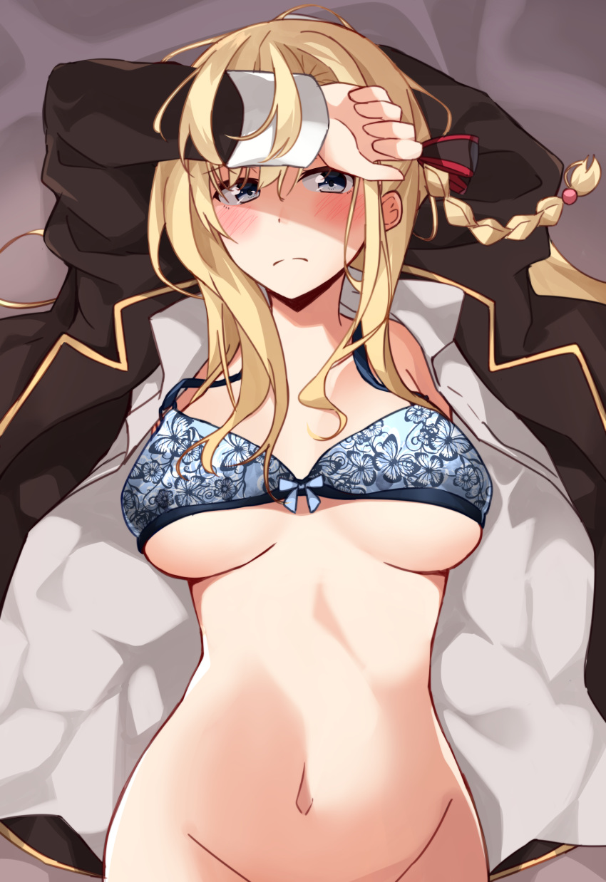 absurdres arm_up bed_sheet black_bow black_jacket blonde_hair blue_bra blue_eyes blush bow bow_bra bra braid breasts closed_mouth collared_shirt commentary_request groin hair_bow high_school_fleet highres jacket kapatarou large_breasts long_hair long_sleeves lying navel nose_blush on_back open_clothes open_jacket open_shirt shirt side_braid single_braid solo underwear white_shirt wilhelmina_braunschweig_ingenohl_friedeburg