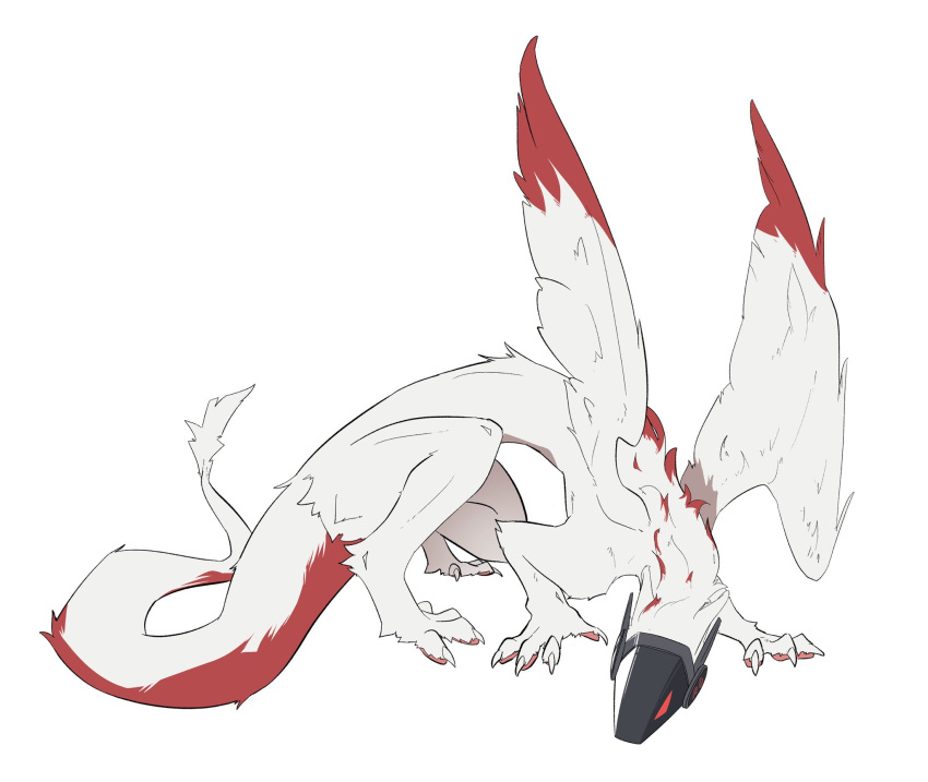 all_fours ambiguous_gender claws dragon feral fur furred_dragon furred_scalie furred_wings gagaga_ram hi_res hunched_over markings mythological_creature mythological_scalie mythology pawpads paws raised_wings red_markings robotic scalie screen screen_eyes screen_face solo spread_wings tail tail_tuft tapering_tail tuft white_body white_fur wings