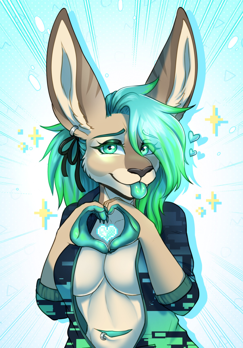 anthro black_nose blue_hair breasts brown_body brown_fur clothed clothed_female clothing ear_piercing female fur furgonomics furry-specific_piercing gesture green_eyes green_hair hair heart_gesture heart_symbol hi_res kangaroo macropod mammal marsupial piercing pouch_(anatomy) pouch_piercing solo thecatnamedfish tongue tongue_out