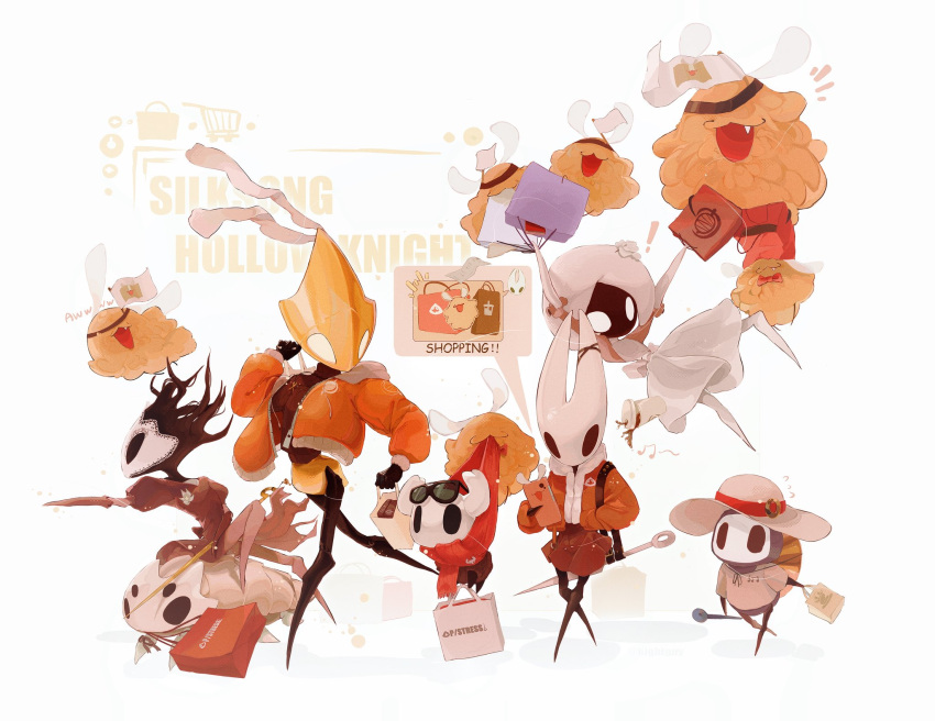 ! 1boy 2others 3girls :3 alternate_costume back_bow bag beastling_(hollow_knight) ben-day_dots black-framed_eyewear black_eyes black_sweater bow cellphone closed_mouth coat commentary copyright_name dress english_text fang flag flea_(hollow_knight) flower fur-trimmed_coat fur_trim grey_dress hair_flower hair_ornament hand_in_pocket hat hat_ribbon highres hightguy holding holding_bag holding_phone holding_sewing_needle holding_weapon hollow_knight hollow_knight:_silksong hornet_(hollow_knight) horns knight_(hollow_knight) lace_(hollow_knight) long_sleeves looking_at_viewer mouth_hold multiple_girls multiple_others needle needle_(hollow_knight) open_mouth phantom_(hollow_knight) phone pin_(hollow_knight) pinstress_(hollow_knight) pointing purple_bag red_bag red_bow red_coat red_ribbon red_scarf red_skirt ribbon riding riding_animal scarf screentones second_sentinel_(hollow_knight) sewing_needle shadow sherma_(hollow_knight) shirt shopping_bag short_sleeves shoulder_strap skirt smile sun_hat sunglasses sweater text_messaging unzipped weapon weapon_strap white_background white_bag white_bow white_dress white_flag white_flower white_hat white_mask white_shirt zipper zipper_pull_tab