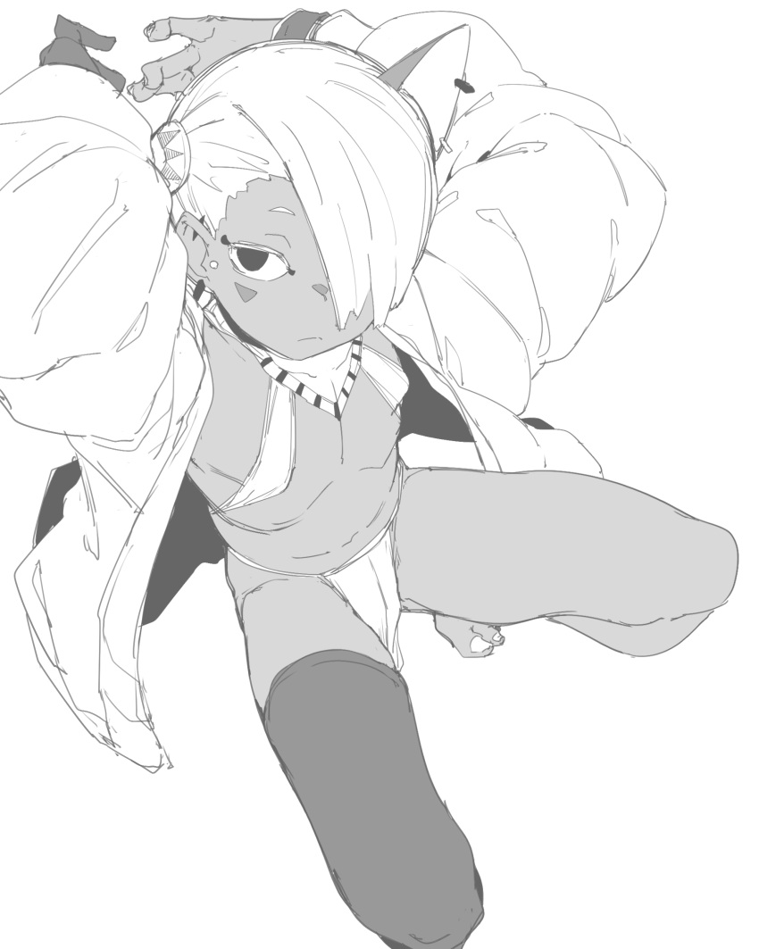 1girl absurdres adjusting_hair ancient_egyptian ancient_egyptian_clothes arms_up black_thighhighs blush blush_stickers covered_nipples dark-skinned_female dark_skin earrings flat_chest gloves greyscale hair_over_one_eye highres jacket jewelry long_sleeves looking_at_viewer monochrome multiple_earrings no_pupils one_eye_covered open_clothes open_jacket original overdrawn_eyeliner pelvic_curtain simple_background single_animal_ear single_glove single_thighhigh sling_bikini_top solo squatting striped_clothes thighhighs white_background white_jacket zettai_yarumoni