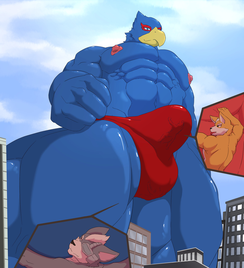 avian bulge canine clothing croiyan falco_lombardi fox fox_mccloud internal macro male male/male mammal nintendo size_difference speedo star_fox swimsuit video_games wolf wolf_o'donnell