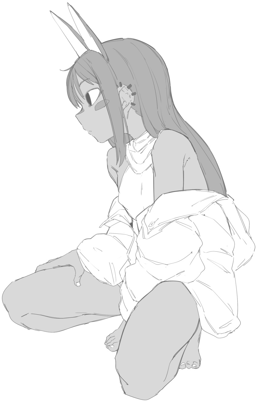 1girl absurdres ancient_egyptian animal_ears blush_stickers cat_ears dark-skinned_female dark_skin earrings flat_chest greyscale halterneck hand_on_own_leg highres jacket jewelry long_hair long_sleeves monochrome multiple_earrings off_shoulder original simple_background solo squatting white_background white_jacket zettai_yarumoni