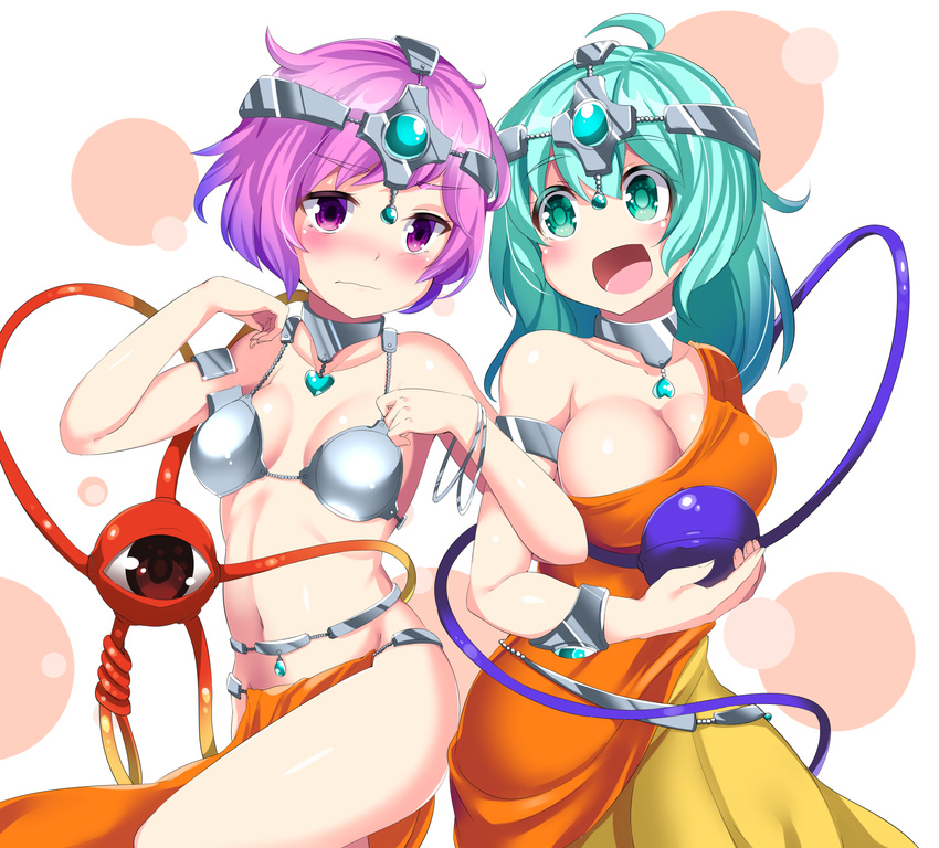 :d alternate_costume armlet bare_shoulders blush breasts choker cleavage collarbone cosplay cowboy_shot dancer dragon_quest dragon_quest_iv eyeball green_eyes green_hair groin headgear heart highres hitotsuki_nebura indian_clothes komeiji_koishi komeiji_satori large_breasts locked_arms looking_at_another looking_down manya manya_(cosplay) minea minea_(cosplay) multiple_girls navel nose_blush open_mouth pelvic_curtain purple_eyes purple_hair revealing_clothes siblings sisters small_breasts smile thighs third_eye touhou
