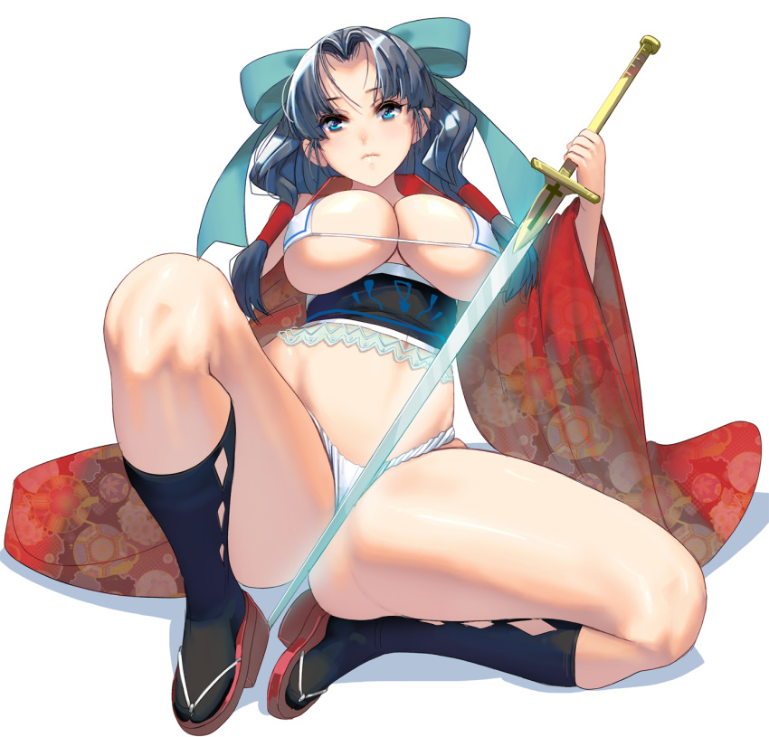 1girl bikini blue_eyes breasts cleavage erect_nipples fundoshi grey_hair hair_ribbon hair_tubes highres japanese_clothes large_breasts long_hair looking_at_viewer masao obi original ribbon sandals sash simple_background socks solo spread_legs swimsuit sword weapon white_background wide_sleeves