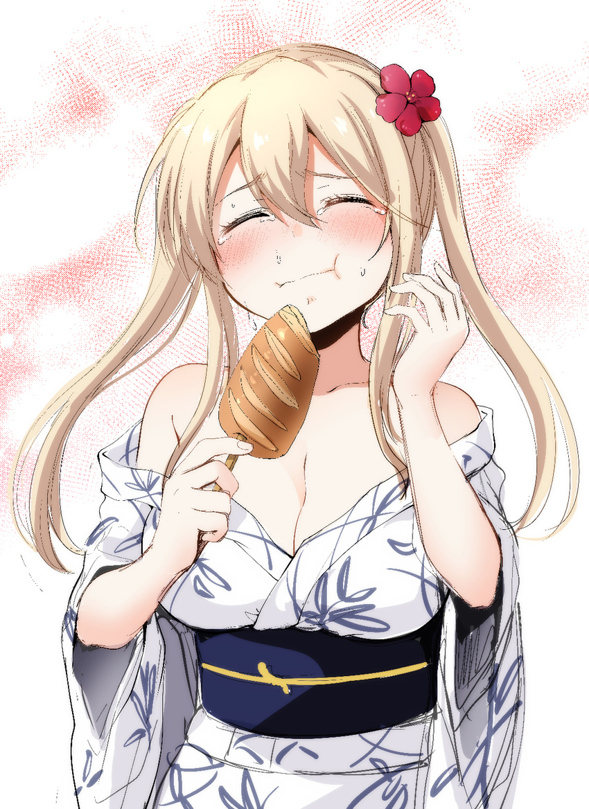 bare_shoulders blonde_hair blush breasts cleavage closed_eyes closed_mouth collarbone commentary defeat eyebrows eyebrows_visible_through_hair flower food foodgasm graf_zeppelin_(kantai_collection) hair_flower hair_ornament highres ijima_yuu ikayaki japanese_clothes kantai_collection kimono large_breasts obi off_shoulder sash solo tears upper_body