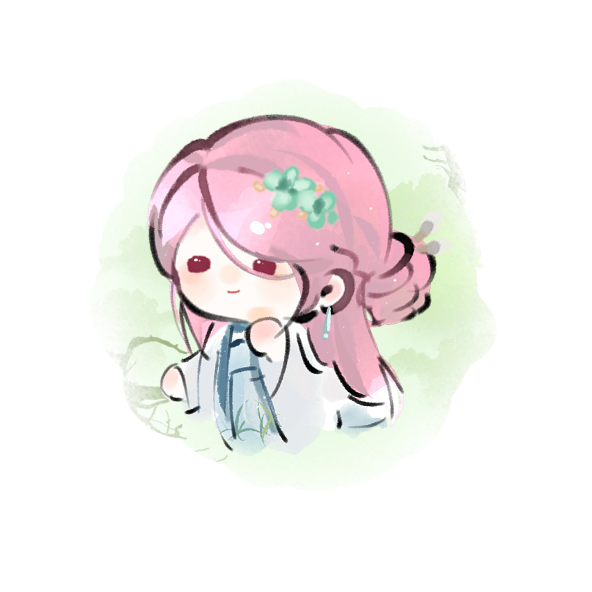 1girl bamboo_print blue_hanfu brown_eyes chibi chinese_clothes chinese_commentary circle closed_mouth commentary_request earrings endless_longing_(infinity_nikki) fengmi_youzi_hua flower green_flower hair_between_eyes hair_bun hair_flower hair_ornament hairpin hand_on_own_chin hanfu happy highres infinity_nikki jewelry light_blush light_particles long_hair long_hair_between_eyes long_sleeves looking_ahead nikki_(series) pink_hair robe single_hair_bun smile solid_oval_eyes solo straight_hair very_long_hair white_background white_robe wide_sleeves