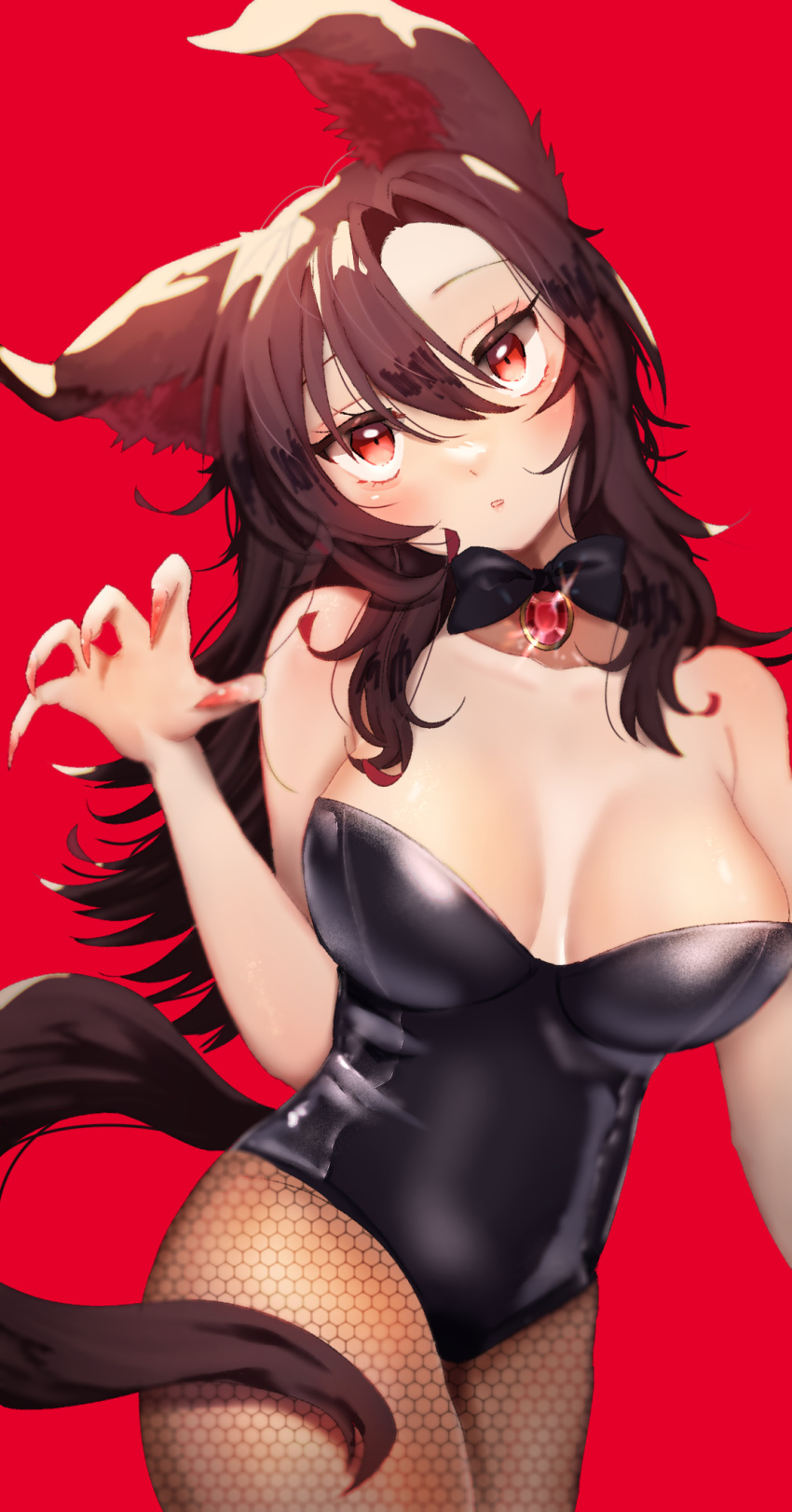 1girl animal_ears bangs black_bow black_bowtie black_leotard bow bowtie breasts brooch brown_hair cleavage detached_collar fingernails fishnet_legwear fishnets hair_between_eyes head_tilt highres imaizumi_kagerou jewelry large_breasts leotard long_fingernails long_hair looking_at_viewer open_mouth playboy_bunny red_background red_eyes red_nails simple_background solo tail touhou uchisaki_himari wolf_ears wolf_tail