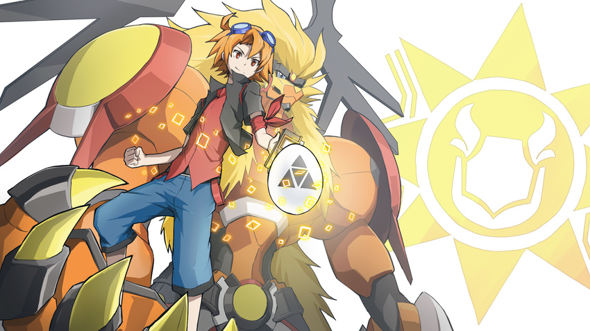 apollomon armband armor black_jacket blonde_hair blue_eyes blue_shorts claws digimon digimon_story:_sunburst_and_moonlight digitama digivice digivice_ic dk_(13855103534) goggles goggles_on_head highres jacket koh_(digimon) light_fang_(digimon) lion long_hair male_focus mane monster multiple_boys pants red_eyes red_hair red_shirt shirt short_hair shorts shoulder_armor simple_background smile very_long_hair white_background zero_unit