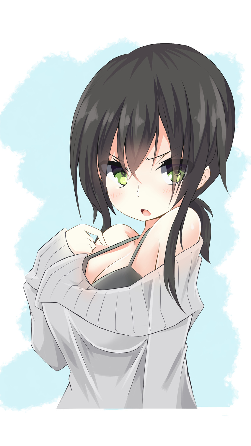 absurdres alternate_breast_size alternate_costume bad_id bad_pixiv_id bare_shoulders black_bra black_hair bra breasts cleavage commentary_request eyebrows eyebrows_visible_through_hair fubuki_(kantai_collection) green_eyes highres kantai_collection large_breasts long_sleeves looking_at_viewer low_ponytail open_mouth ribbed_sweater sakakiba_misogi short_ponytail simple_background solo sweater tsurime underwear upper_body