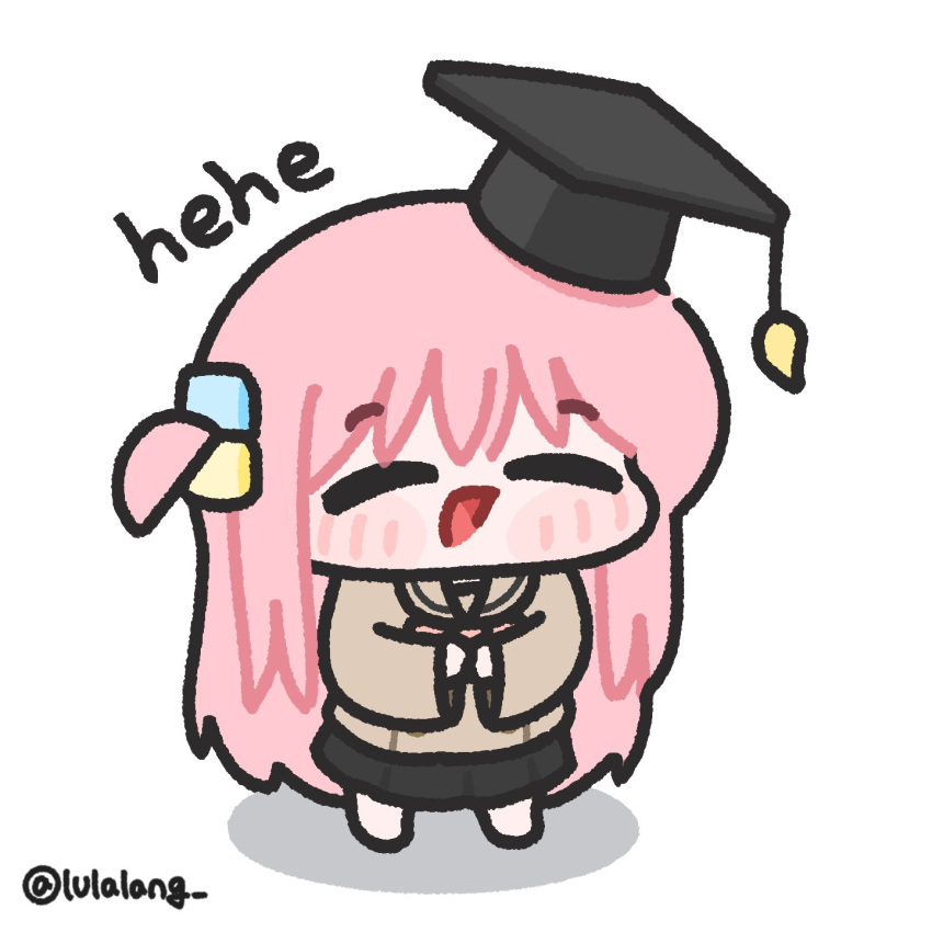 1girl :d black_skirt bocchi_the_rock! brown_shirt chibi chibi_only closed_eyes commentary cube_hair_ornament facing_viewer full_body gotoh_hitori hair_ornament happy hat highres long_hair lulalang mortarboard one_side_up open_mouth pink_hair school_uniform shirt shuka_high_school_uniform simple_background skirt smile solo standing twitter_username untranslatable_commentary white_background