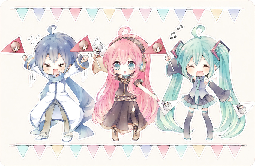 &gt;_&lt; 2girls :d ^_^ ahoge aqua_neckwear black_legwear black_pants black_shirt black_skirt blue_eyes blue_hair blush boots brown_footwear chestnut_mouth closed_eyes cross-laced_footwear detached_sleeves flag flying_sweatdrops full_body hatsune_miku headphones highres holding kaito long_hair long_sleeves megurine_luka meiko miniboy minigirl multiple_girls necktie niwako open_mouth outline outstretched_arms pants pink_hair pleated_skirt shirt shoes skirt sleeveless sleeveless_shirt smile sweat thigh_boots thighhighs twintails very_long_hair vocaloid voyakiloid white_footwear yowane_haku