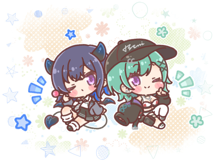 2girls ;) asymmetrical_clothes baseball_cap black_hat black_jacket black_shoes black_skirt blue_wings blush_stickers breasts candy chibi cleavage closed_mouth collared_shirt commentary_request demon_girl demon_horns demon_tail demon_wings floral_background food green_hair grey_jacket hair_ornament hat highres holding holding_candy holding_food holding_lollipop horns ichinose_uruha jacket lollipop long_sleeves loose_socks medium_breasts mini_wings mitarashi_neko multiple_girls necktie notice_lines one_eye_closed open_clothes open_jacket pants plaid_clothes plaid_necktie pleated_skirt puffy_long_sleeves puffy_sleeves purple_eyes purple_hair shirt shoes single_pantsleg skirt sleeves_past_fingers sleeves_past_wrists smile socks star_(symbol) tail virtual_youtuber vspo! white_background white_pants white_shirt white_socks wings x_hair_ornament yakumo_beni