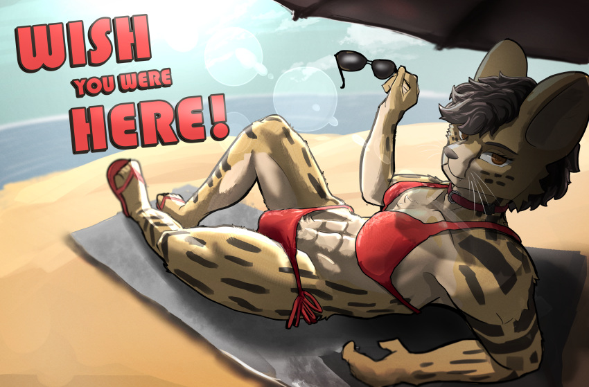 abs absurd_res aka_meyneth anthro beach bikini bulge clothed clothing feet felid feline fur gynomorph hi_res intersex junebug_(aka_meyneth) looking_at_viewer mammal multicolored_body multicolored_fur muscular muscular_anthro muscular_gynomorph muscular_intersex postcard red_clothing sea seductive serval solo striped_body stripes sun swimwear tagme text two-piece_swimsuit water whiskers