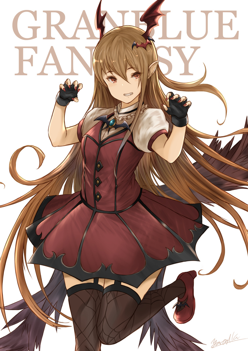 absurdres bat_wings black_gloves blonde_hair brooch claw_pose cosplay dress fingerless_gloves garter_straps gloves granblue_fantasy head_wings highres idolmaster jewelry long_hair looking_at_viewer my_dear_vampire nail_polish pointy_ears red_eyes red_nails seiyuu_connection shingeki_no_bahamut short_sleeves simple_background skirt smile solo spider_web_print thighhighs vampy white_background wings yatsuka_(846)