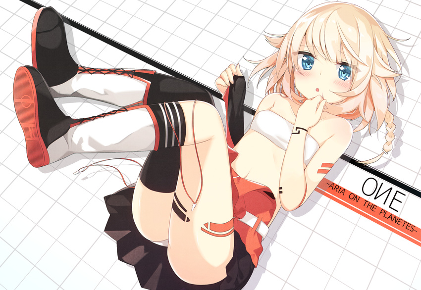 asymmetrical_legwear bad_id bad_pixiv_id bare_shoulders blonde_hair blue_eyes blush boots braid cevio character_name cross-laced_footwear highres kamioka_shun'ya lace-up_boots legs_up lying navel on_back one_(cevio) single_sleeve single_thighhigh skirt solo thighhighs