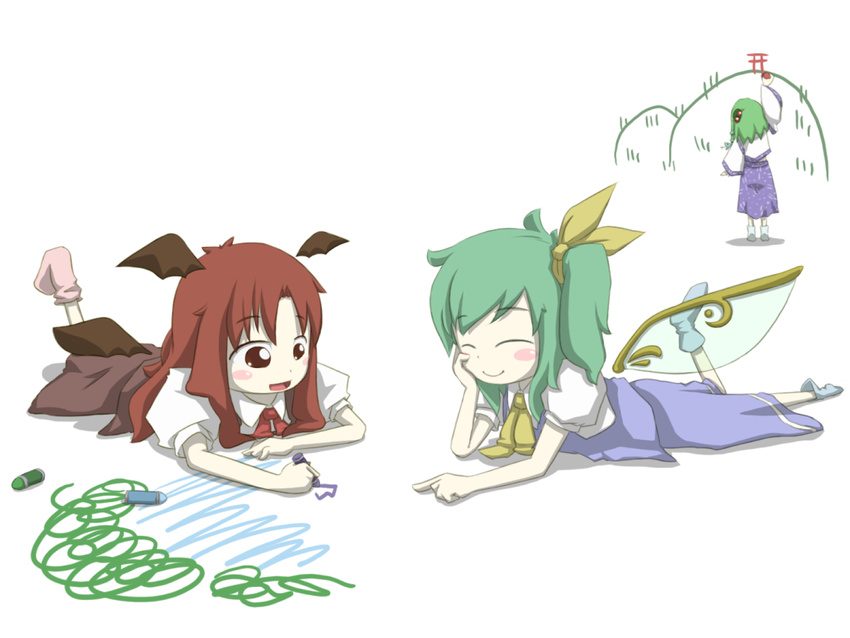 :d ^_^ arm_up bat_wings blush_stickers bow chibi child_drawing closed_eyes crayon daiyousei detached_sleeves detached_wings fairy_wings frog_hair_ornament full_body green_hair hair_bow hair_ornament happy head_wings koakuma kochiya_sanae leg_up lying multiple_girls necktie no_shoes on_stomach open_mouth peconica pointing puffy_short_sleeves puffy_sleeves red_eyes red_hair red_neckwear short_sleeves side_ponytail simple_background skirt skirt_set smile snake_hair_ornament socks standing torii touhou vest white_background wide_sleeves wings younger