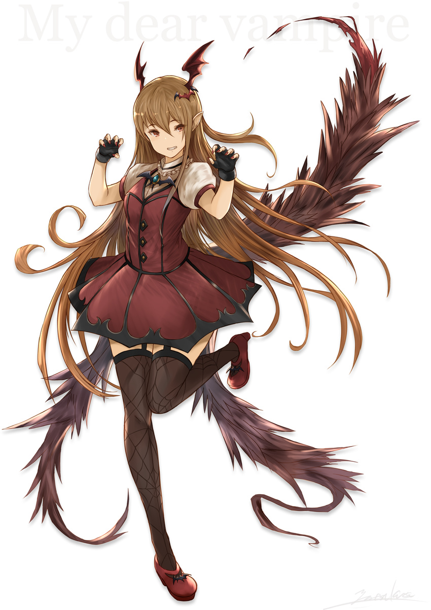 absurdres bat_wings black_gloves blonde_hair brooch claw_pose cosplay dress fingerless_gloves garter_straps gloves granblue_fantasy head_wings highres idolmaster jewelry long_hair looking_at_viewer my_dear_vampire nail_polish pointy_ears red_eyes red_nails seiyuu_connection shingeki_no_bahamut short_sleeves simple_background skirt smile solo spider_web_print thighhighs vampy white_background wings yatsuka_(846)