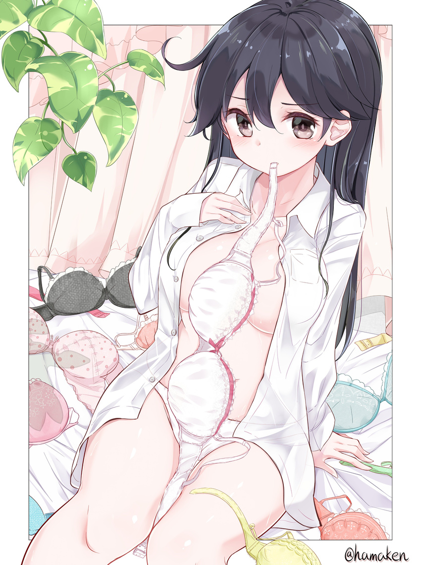 absurdres black_bra black_eyes black_hair blue_bra blush bow bow_bra bra bra_in_mouth bra_removed breasts collarbone collared_shirt curtains dress_shirt dutch_angle green_bra hand_on_own_chest highres kantai_collection kengorou_saemon_ii_sei large_breasts leaf long_hair looking_at_viewer mouth_hold open_clothes open_shirt panties pink_bra plant shirt sitting sleeves_past_wrists solo twitter_username underwear ushio_(kantai_collection) vines white_bra white_panties wing_collar yellow_bra
