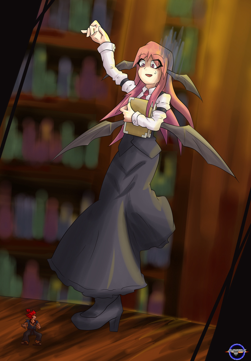 1girl :d :o arm_up armband bat_wings black_legwear blurry book book_hug bookshelf commentary crossover depth_of_field dress_shirt eyelashes gamefreakdx gouki head_wings high_heels highres holding holding_book irony koakuma library long_hair long_sleeves looking_at_another low_wings miniboy namesake necktie open_mouth pants pantyhose pun red_eyes red_hair red_neckwear sandals shirt short_sleeves size_difference skirt skirt_set smile standing standing_on_one_leg street_fighter sweatdrop topknot torn_clothes torn_shirt touhou v-shaped_eyebrows vest voile white_shirt wings wooden_floor