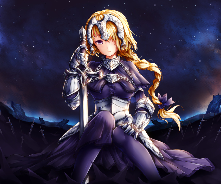 armor blonde_hair braid cape chain fate/apocrypha fate_(series) field_of_blades headpiece highres jeanne_d'arc_(fate) jeanne_d'arc_(fate)_(all) long_hair planted_sword planted_weapon purple_eyes single_braid solo star_(sky) sword tearing_up very_long_hair weapon wsman