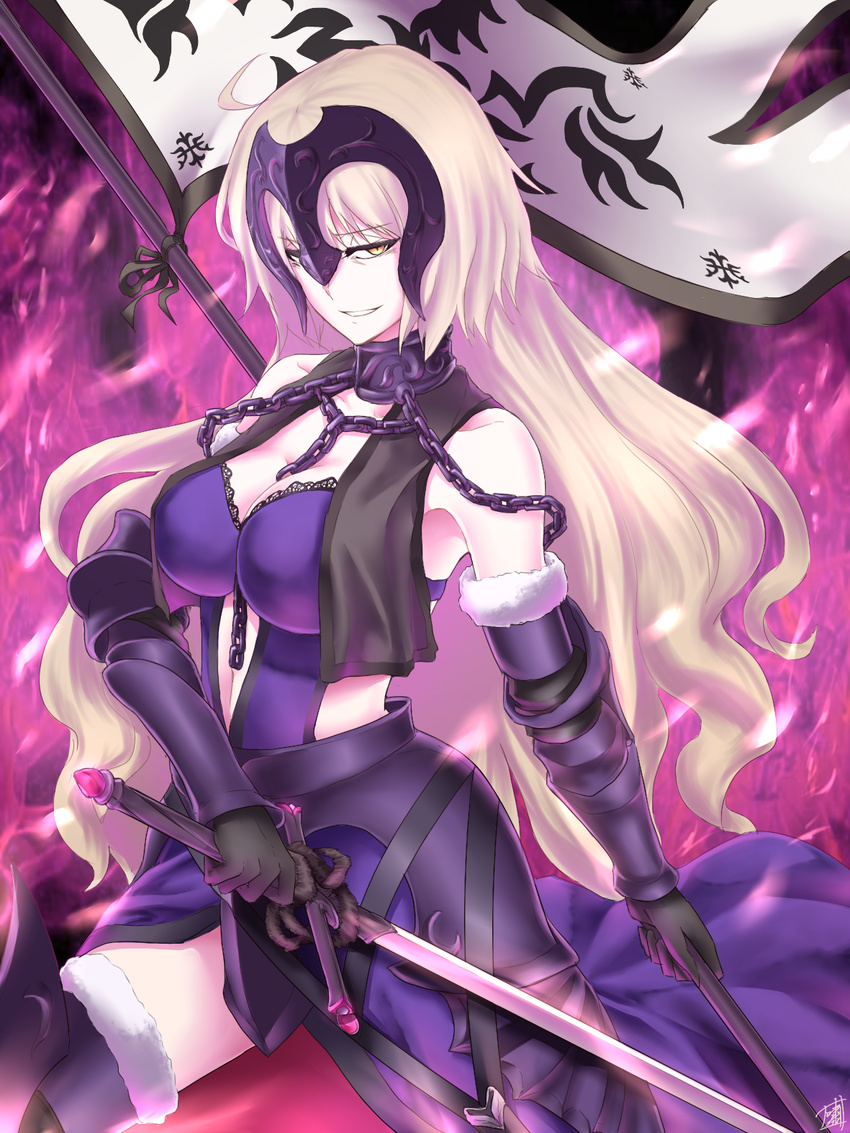 blonde_hair breasts chain cleavage elbow_gloves fate/grand_order fate_(series) fur_trim gloves headpiece highres jeanne_d'arc_(alter)_(fate) jeanne_d'arc_(fate)_(all) large_breasts looking_at_viewer navel shao_(newton) solo standard_bearer teeth thighhighs thighs yellow_eyes