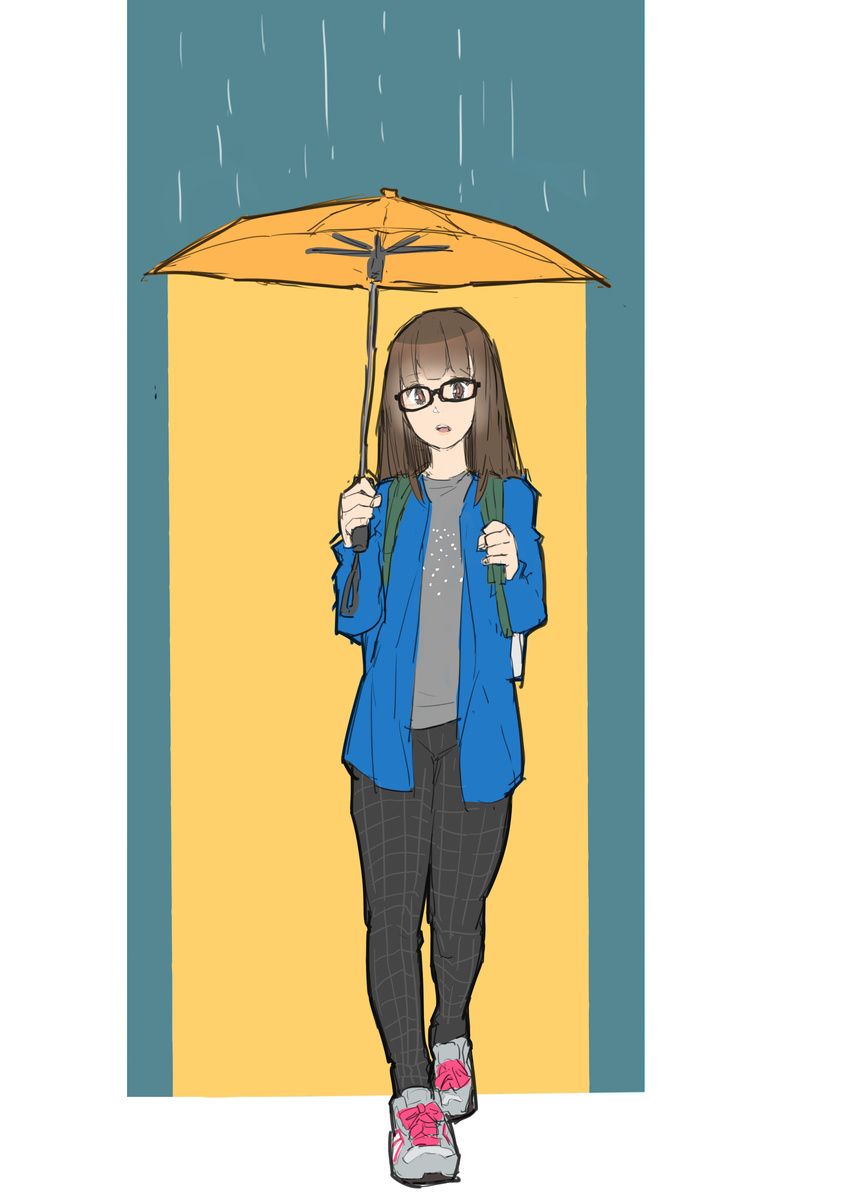 absurdres backpack bag black-framed_eyewear brown_eyes brown_hair full_body glasses glasses_girl_(makai) highres long_hair makai original rain shoes sneakers solo umbrella walking