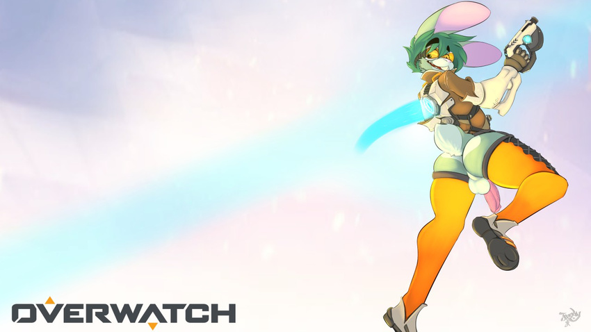 anthro big_ears butt clothed clothing digital_media_(artwork) eyewear goggles gun hair handgun inoby lagomorph male mammal open_mouth overwatch penis rabbit ranged_weapon simple_background smile solo tracer_(overwatch) video_games weapon