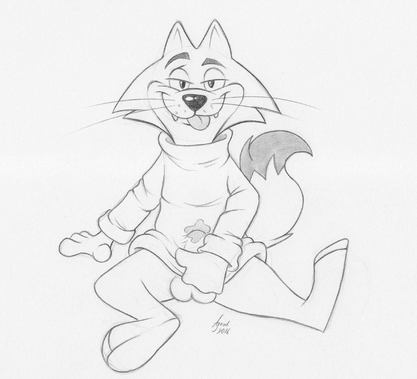 agent_(artist) anthro balls barefoot bedroom_eyes bottomless cat choo-choo_(top_cat) clothed clothing covering covering_crotch cute_fangs erection erection_under_clothes feline front_view greyscale half-closed_eyes looking_at_viewer mammal monochrome naughty_face pencil_(artwork) pinup pose seductive signature sitting spread_legs spreading sweater tongue tongue_out top_cat_(series) traditional_media_(artwork) turtleneck wet_spot whiskers