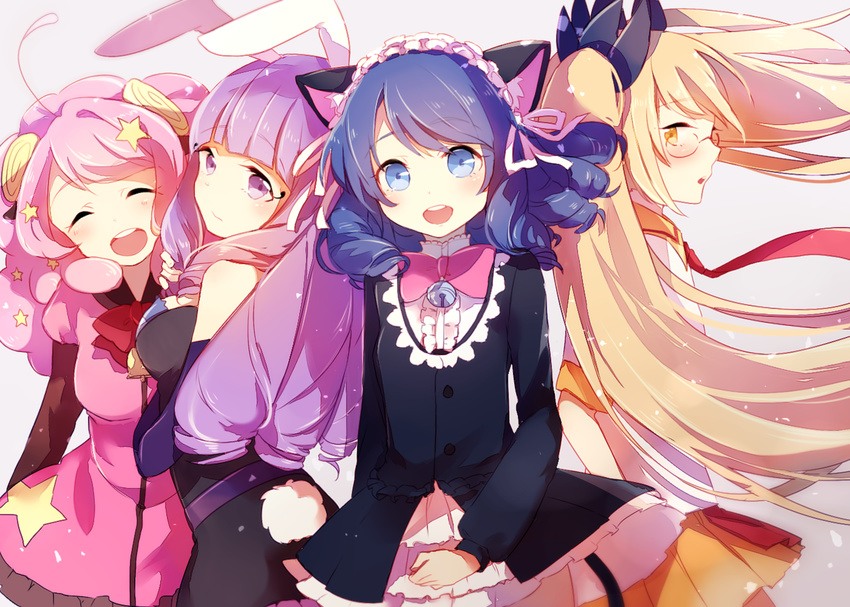 ahoge animal_ears bell blonde_hair blue_eyes blue_hair bunny_ears bunny_tail cat_ears cat_tail chuchu_(show_by_rock!!) closed_eyes cyan_(show_by_rock!!) detached_sleeves drill_hair frilled_skirt frills glasses hairband leafwow lolita_hairband looking_at_viewer moa_(show_by_rock!!) multiple_girls necktie open_mouth pink_hair pleated_skirt purple_eyes purple_hair red_neckwear retoree shirt show_by_rock!! skirt tail twintails white_shirt yellow_eyes yellow_skirt