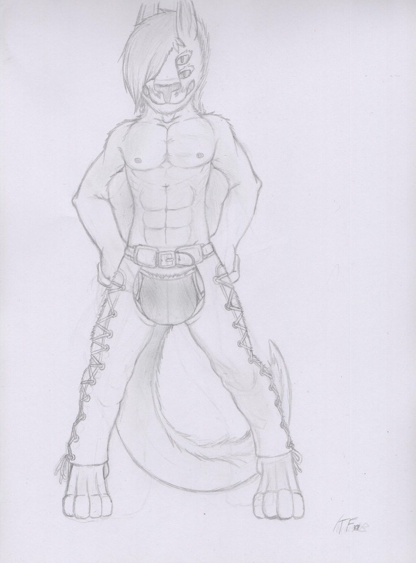 2016 absurd_res alien anthro bulge chaps clothed clothing feline geno28_(artist) greyscale hair hi_res invalid_tag male mammal monochrome multi_eye multi_limb muscular pencil_(artwork) simple_background solo topless traditional_media_(artwork)