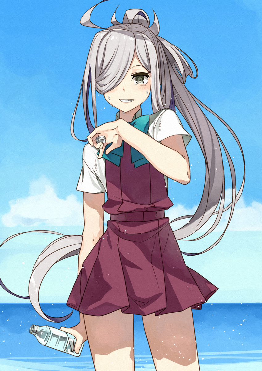 absurdres ahoge asashimo_(kantai_collection) blue_sky bottle bottle_cap cloud day dress grey_eyes grey_hair hair_over_one_eye highres holding holding_bottle kanmiya_shinobu kantai_collection long_hair looking_at_viewer multicolored_hair no_legwear outdoors ponytail purple_hair school_uniform shirt short_sleeves sky sleeveless sleeveless_dress smile solo water water_bottle white_shirt