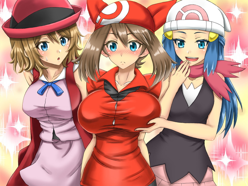 bandana bare_shoulders beanie black_dress blue_eyes blush breast_awe breast_envy breast_grab breasts brown_hair buttons collarbone cowboy_shot dress embarrassed grabbing hanging_breasts haruka_(pokemon) hat hikari_(pokemon) large_breasts multiple_girls nose_blush open_mouth pink_dress pink_scarf pokemon pokemon_(anime) pokemon_ag pokemon_dp_(anime) pokemon_xy_(anime) red_vest scarf serena_(pokemon) short_hair sleeveless sleeveless_dress sleeveless_duster sweat takecha vest yuri