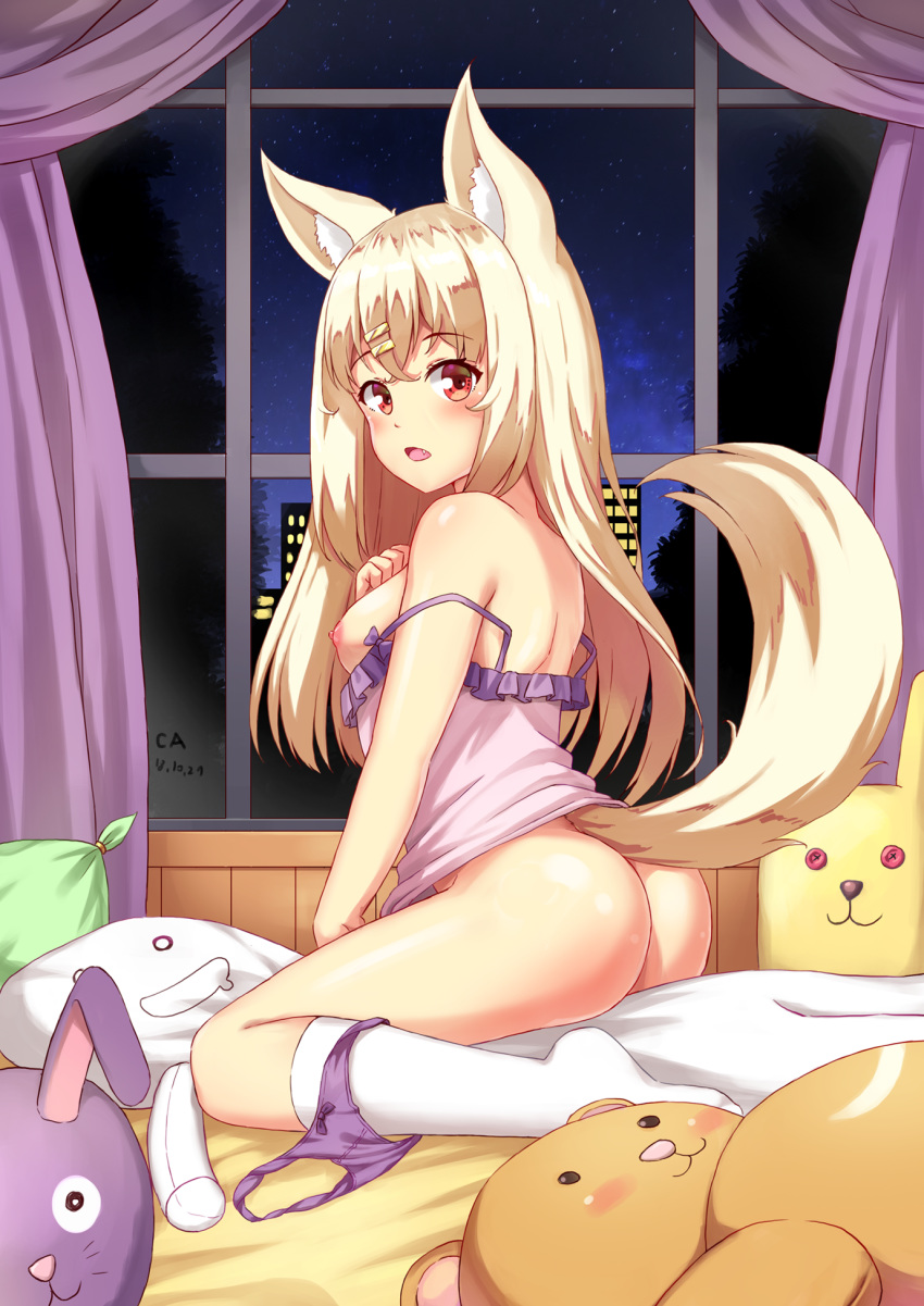 1girl animal_ears ass back bangs bed_sheet blonde_hair body_pillow bottomless breasts butt_crack camisole cityscape commentary_request curtains dated fang fox_ears fox_tail frilled_shirt frills from_behind hair_ornament hairclip hand_on_own_chest highres indoors kemo_(pokka) legs light_blush light_frown long_hair looking_at_viewer looking_back medium_breasts night nipples on_bed open_mouth original panties panties_around_leg pillow purple_shirt red_eyes shirt shirt_pull signature sitting sky socks solo star_(sky) starry_sky straddling strap_slip stuffed_animal stuffed_bunny stuffed_toy tail teddy_bear underwear white_legwear window