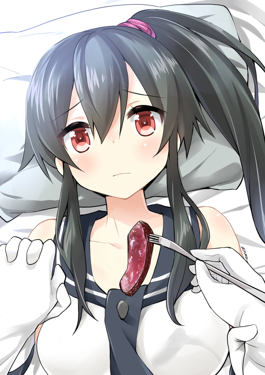 absurdres agano_(kantai_collection) bed_sheet black_hair collarbone commentary_request feeding food fork gloves highres holding holding_hands interlocked_fingers kantai_collection looking_at_viewer meat pillow ponytail pov_feeding red_eyes ryuki_(ryukisukune) school_uniform serafuku white_gloves yahagi_(kantai_collection)
