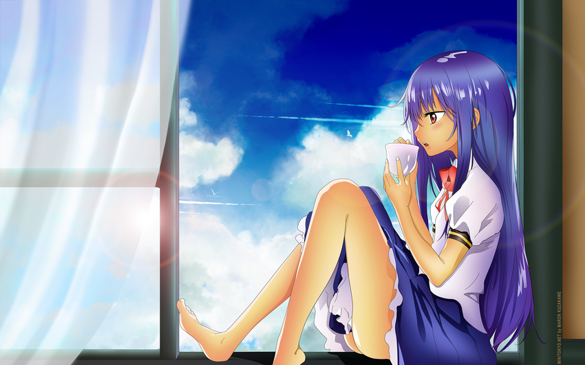 barefoot blue_hair drink hinanawi_tenshi ke-ta kuzakawe_maron long_hair seifuku touhou