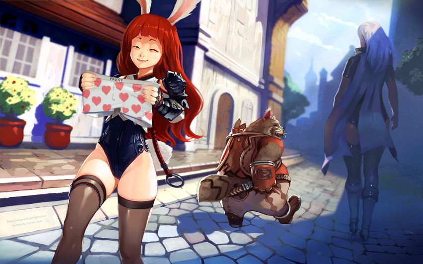 2girls animal_ears black_legwear boots boxers building bunny_ears closed_eyes clothes_theft door elin_(tera) furry hand_on_own_ass holding leotard long_hair male_underwear multiple_girls ninja ochrejelly outdoors plant popori potted_plant raccoon_ears red_hair road shirt shorts silver_hair smile street tail tera_online theft thighhighs underwear underwear_theft walking window