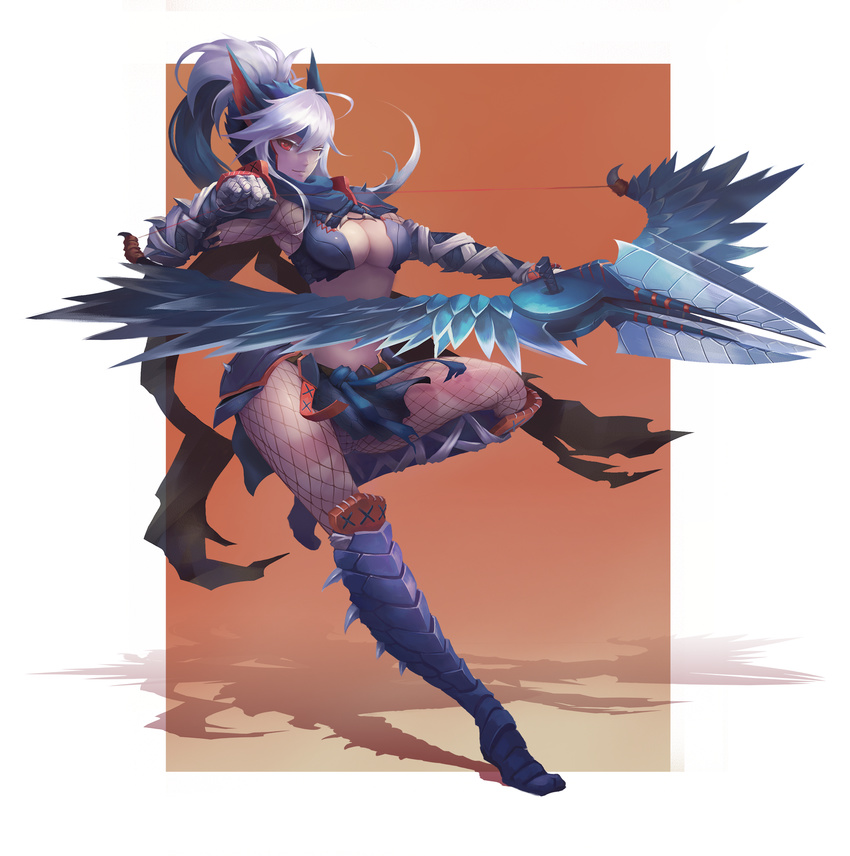 bow_(weapon) breasts cleavage crow_aberdeen fishnet_legwear fishnets high_ponytail highres large_breasts long_hair looking_at_viewer midriff monster_hunter nargacuga_(armor) navel one_eye_closed shadow silver_hair silverwind_nargacuga_(armor) solo thighs weapon