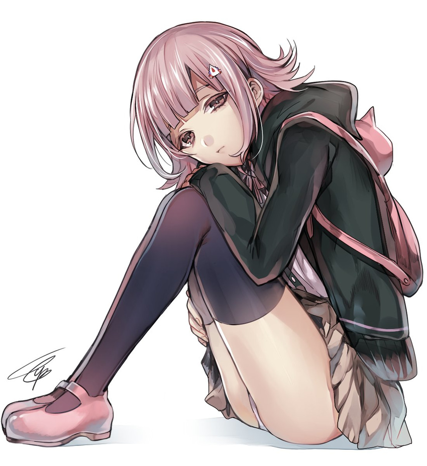 artist_name backpack bag bangs black_legwear blunt_bangs brown_skirt closed_mouth danganronpa expressionless from_side hair_ornament hairpin half-closed_eyes hands_on_own_knees head_rest head_tilt highres hood hood_down hoodie knees_up long_sleeves looking_at_viewer looking_to_the_side mary_janes nanami_chiaki panties pantyshot pantyshot_(sitting) pink_eyes pink_footwear pink_hair pleated_skirt shoes signature simple_background sitting skirt solo super_danganronpa_2 tcb thighhighs thighs underwear white_background white_panties