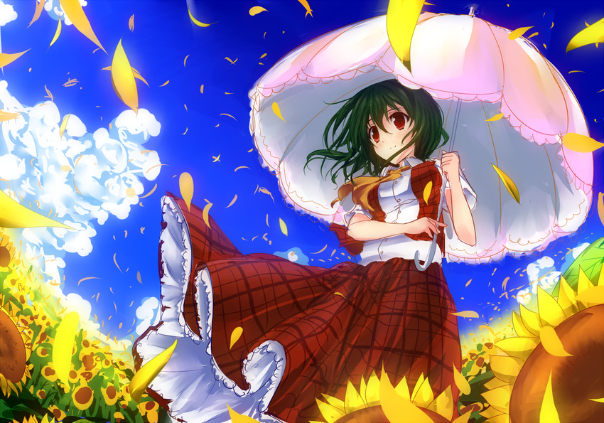 checkered checkered_skirt checkered_vest field flower flower_field green_hair kazami_yuuka pandamonium parasol petals red_eyes skirt solo sunflower touhou umbrella vest