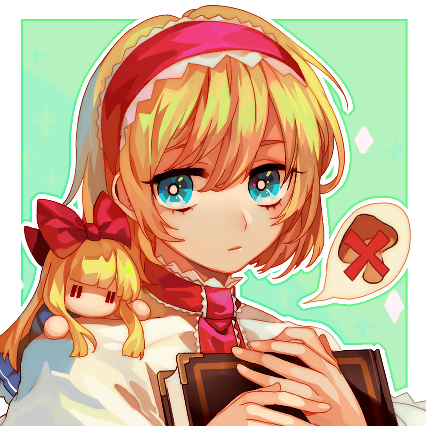 alice_margatroid blonde_hair blue_eyes book capelet closed_mouth doll face green_background hair_ribbon hairband harrymiao highres long_hair looking_at_viewer mushroom necktie portrait ribbon shanghai_doll short_hair solo spoken_x touhou ||_||