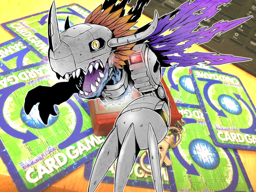 card chest_cannon cyborg digimon dinosaur dragon glowing helmet highres horns mechanical_arm metalgreymon metalgreymon_virus realize_(digimon) red_hair sharp_teeth slit_pupils striped_horns teeth torn_wings wings yellow_eyes zeta_(kyokugen)