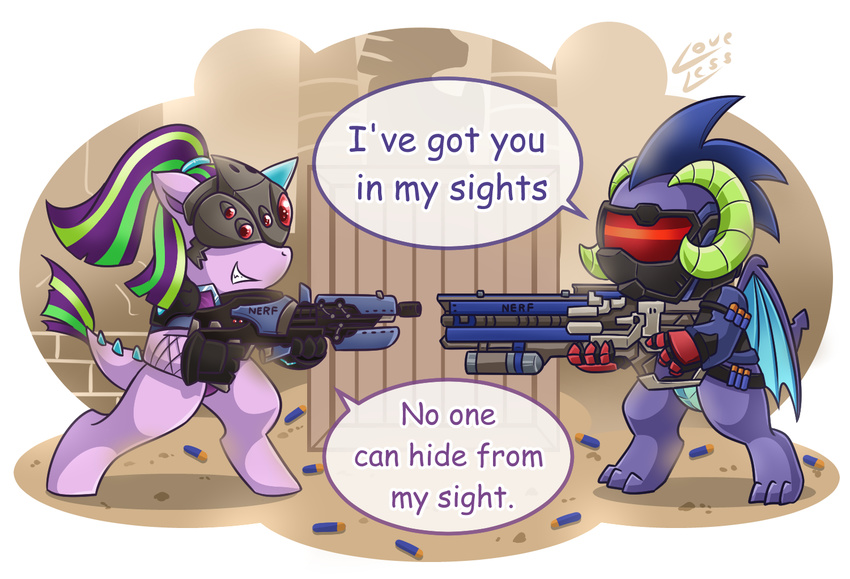 armor cosplay costume crossover dialogue dragon english_text equine eyewear fan_character female goggles helmet horn horse hybrid male mammal mask membranous_wings my_little_pony nerf_gun overwatch pony soldier_76 spade_tail text vavacung video_games weapon widowmaker_(overwatch) wings