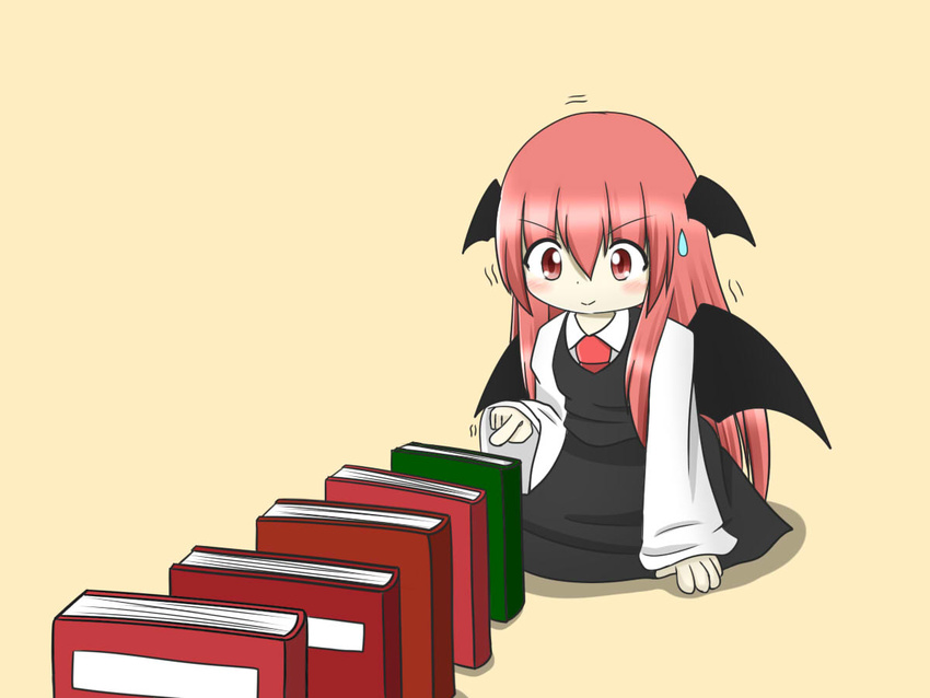 &gt;:) bat_wings blush book commentary_request dominoes dress_shirt excited head_wings index_finger_raised koakuma long_hair long_sleeves necktie red_eyes red_hair red_neckwear shirt sidelocks simple_background skirt skirt_set skycream smile solo sweatdrop touhou trembling v-shaped_eyebrows vest white_shirt wide_sleeves wings yellow_background