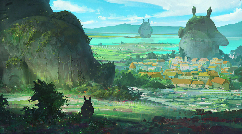 building grass scenic sky tagme_(artist) tonari_no_totoro totoro