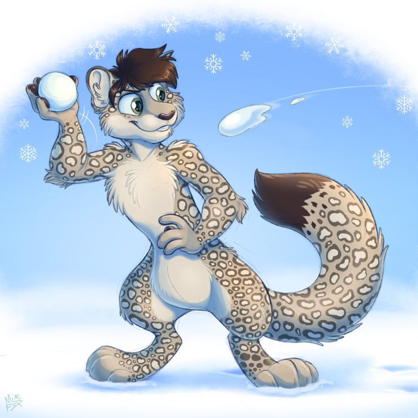 1:1 4_fingers 4_toes anthro bodily_fluids brown_hair brown_nose brown_pawpads cheek_tuft chest_tuft colored cum digital_drawing_(artwork) digital_media_(artwork) dipstick_tail english_text facial_tuft feet felid fingers fur genital_fluids hair hi_res holding_object male mammal markings mimi-fox motion_lines outside pantherine pawpads paws shaded short_hair smile snow snow_leopard snowball snowballing snowflake snowing solo spots spotted_body spotted_fur standing tail tail_markings text toes tuft