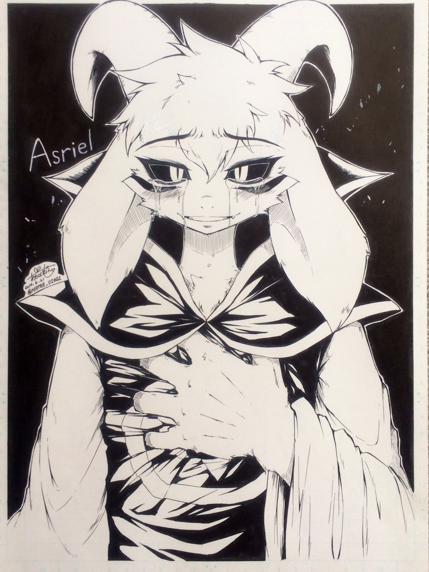 asriel_dreemurr caprine crying demon goat gripping_heart male mammal robes smile tears teenager undertale video_games young