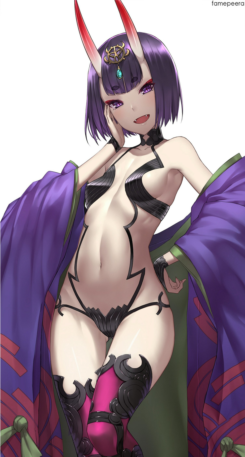 :d absurdres black_gloves boots breasts collarbone eyebrows eyebrows_visible_through_hair famepeera fangs fate/grand_order fate_(series) gem gloves half_gloves hand_on_hip hand_on_own_cheek head_tilt headpiece highres horns japanese_clothes kimono long_sleeves navel oni oni_horns open_clothes open_kimono open_mouth purple_eyes purple_footwear purple_hair sapphire_(stone) short_hair shuten_douji_(fate/grand_order) sideboob simple_background small_breasts smile solo standing stomach teeth thick_eyebrows thigh_boots thigh_gap thighhighs white_background wide_sleeves